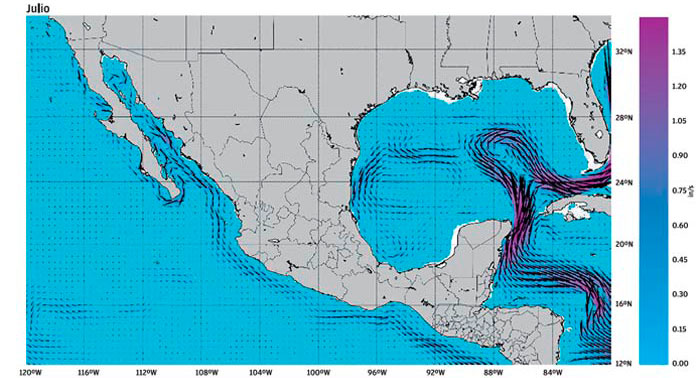 Mapeo de corrientes oceánicas 1993 -2012. Fuente CEMIE.